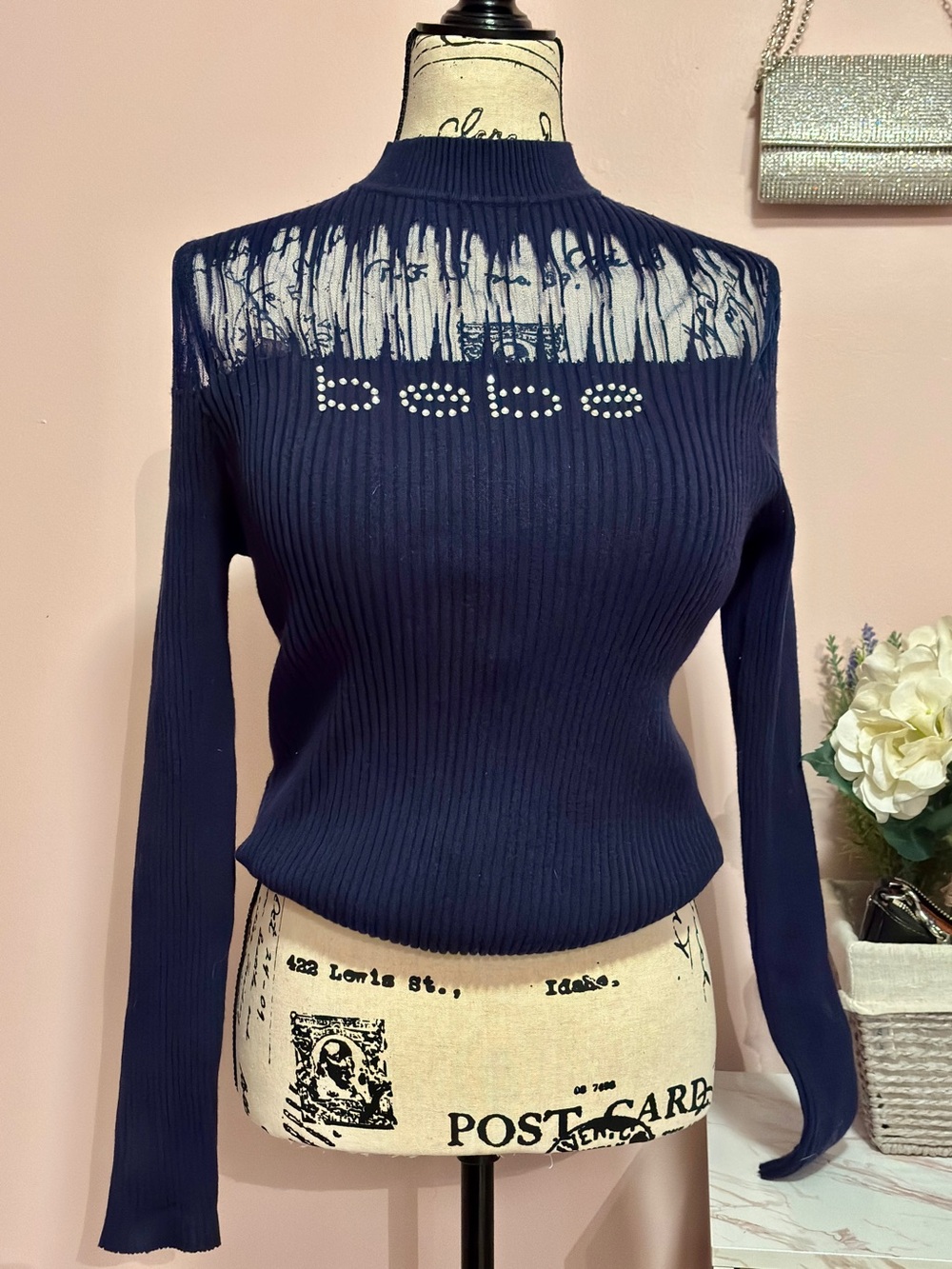 Bebe Y2K Rhinestone Ribbed Sweater Large